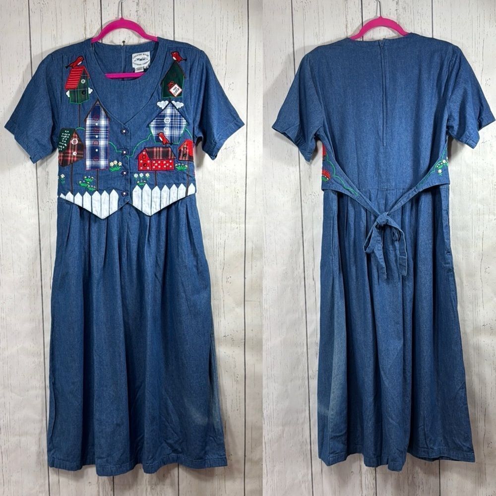 Vintage Embroidered Country Wear Pockets Denim Belted Countrycort Midi Dress